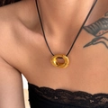 18k gold plated stainless steel circle pendant on black leather cord necklace for women - 41+5cm / Gold