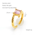 Adjustable 18K gold plated stainless steel ring with square pink zircon and hammered texture - Pink Square Zirconia Hammered (695)