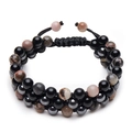 Detailed triple-layer woven bracelet with black obsidian and pink brown natural stones - 6mm Triple Layer Style / Black Line Rhodochrosite + Obsidian + Black Magnetite
