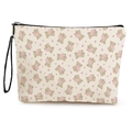 Beige canvas cosmetic bag featuring brown teddy bear print with black zipper and lanyard - Bear Holding Heart