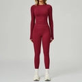 Bordeauxrode yoga set voor dames met shirt met lange mouwen en legging met hoge taille - S / Lange Mouw + Lange Broek - Kersenrood