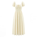 Cremefarbenes Midi-Kleid mit Puffärmeln, Karree-Ausschnitt und Taillenband - S / Hellgelb