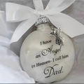 White memorial feather ball ornament with angel charm and 'Dad' heaven tribute text - Dad