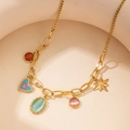 Gold titanium steel necklace with colorful gemstone pendants and star heart charms - Colorful Multi-Pendant Necklace