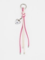Detail view of woven pink and white leather heart keychain with polished silver metal clasp - Pink and Beige