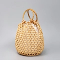Handmade beaded wood bead bucket bag with bamboo handles and drawstring liner - Khaki/Earth Yellow