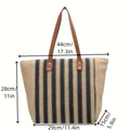 Bolso tote de paja tejido a mano con rayas azul marino y dimensiones de vacaciones - Azul