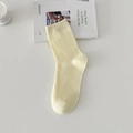 Beige cotton mid-calf socks with pointelle pattern and frilly lettuce trim edges - One Size / Milky Yellow