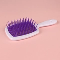 Hollow-out hair brush with a white handle and purple massage pins for hair styling - White Handle + Purple