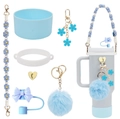 Accessories set for tumblers with floral strap silicone boot and blue straw cover charms - 7-Piece Set 14-Light Blue Bow
