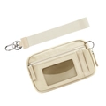 Detailed view of beige nylon card holder with clear ID window and woven wristlet strap - Card Slot Version Cream