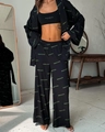 Set a tre pezzi con stampa testo neon nero incluso cardigan e pantaloni ampi - S / Nero