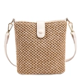 Minimalist straw bucket bag in natural color featuring white leather shoulder straps - White