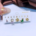 Five-piece gold earring set with colorful zircon and mixed geometric shapes on card - Fresh Sweet Sunflower (23032910)