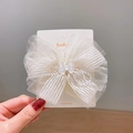 Sweet cream white chiffon bow hair clip for girls featuring pearl bead decorations - Fairy Yellow