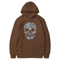 Brown hoodie with silver glitter skull print on front, casual long sleeve streetwear - Coffee
