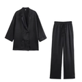 Detailed flat lay of black double-breasted blazer and wide-leg trousers set with vertical texture - S / Set / Black