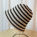 Knitted bucket hat with black and beige horizontal stripes for sun protection - Fine Stripe Khaki
