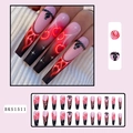 Long coffin press-on nails with pink-black gradient, flame art, and cherry patterns - BKS1511 Flame Heart