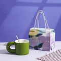 Green ceramic mug with large ring handle, gold spoon and floral gift box set - Chubby Handle Mug / Gift Box / Olive Green