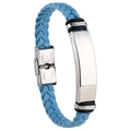 Blue braided leather bracelet with a silver stainless steel ID plate and clasp - Mint Blue