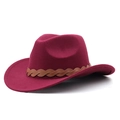 Détail d'un chapeau fedora bordeaux en laine avec un bandeau en cuir tressé marron - M (56-58 cm) Réglable / Bordeaux