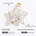Macro detail of star pendant in gold stainless steel with sparkling crystals and size specs - PJ91638-Star Zirconia