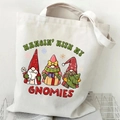Detail view of white canvas tote bag with festive Christmas gnomes print and funny slogan - Nordic Gnome (05) / White