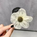 Elegant white mesh flower hair claw clip with gold center and shimmering rhinestone accents - Mesh Rhinestone Flower / Off White