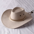 Detail view of beige faux suede cowboy hat with braided cord and metal ventilation eyelets - One Size 58cm Circumference / Off White