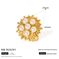 Adjustable gold starburst stainless steel ring with white pearls and flower design - Starry Pearl Style (NB-R24291)