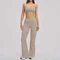 Two-piece brushed earth tone yoga set with strappy sports bra and flared high-waist pants - 3109 Bra + 3109 Flare Pants - Linen