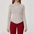 Women's slim fit polar fleece jacket in light purple with stand collar and zipper - S / Light Khaki