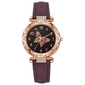 Reloj de mujer con correa de cuero púrpura, caja de oro rosa y esfera de mariposa estrellada - Morado