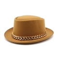 Chapeau Pork Pie chic en laine jaune pour femmes avec décor de chaîne acrylique dorée - Kaki
