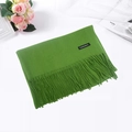 Green cashmere scarf with fringe folded on a white table with decorative elements - Autumn Green
