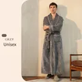 Elegant grey thick flannel long bathrobe for men and women with white trim and waist tie - M / Grey (Men)