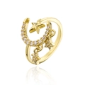 Gold star and moon open ring with sparkling cubic zirconia on a white reflective base - Star Moon Dangle
