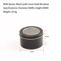 Black round tin candle container with clear window lid, diameter 65mm and height 40mm - Window Lid / Black (Inner Gold)