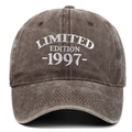 Macro shot of white Limited Edition 1997 embroidery on vintage brown washed cotton cap - Coffee