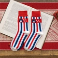Festive red striped cotton mid-calf socks with Ping An Xi Le cartoon embroidery - Peace and Joy