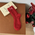 Festive red knit mid-calf socks with red-white plaid bow and Christmas textured pattern - One Size / Plaid Bow