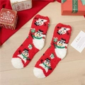 Festive red coral fleece Christmas socks featuring a snowman pattern and soft white tips - Full Body Snowman