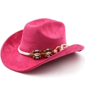 Detail of rose red western cowboy hat with bohemian shells and wooden bead accents - M (56-58cm) / Rose Red