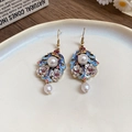 Vintage gold earrings with blue enamel, white pearls and floral detail in a ceramic dish - Enamel Flower Pearl Drop Earrings - Gold Blue (54#)