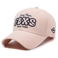 Pink cotton baseball cap with blue embroidery and structured crown on white background - Pink