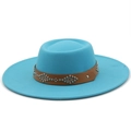 Sky blue wool fedora hat with wide brim and brown leather studded band decoration - M / Lake Blue
