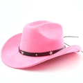 Detail of pink felt cowboy hat featuring black belt with silver star studs - M (56-58cm) / Magenta