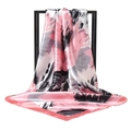 Pink and grey floral silk square scarf elegantly draped on a minimalist black display stand - 90x90cm / 5# Pink