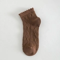 Dark brown knitted ankle socks with delicate lace trim and textured diamond cable patterns - One Size / Dark Brown